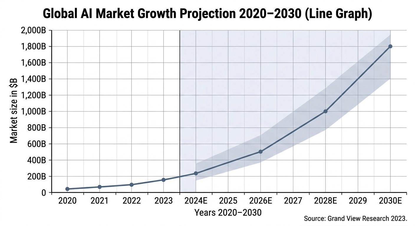 2020: $40B, 2021: $65B, 2022: $90B, 2023: $150B, 2024E: $230B, 2026E: $500B, 2028E: $1,000B, 2030E: $1,800B. Source: Grand View Research 2023.